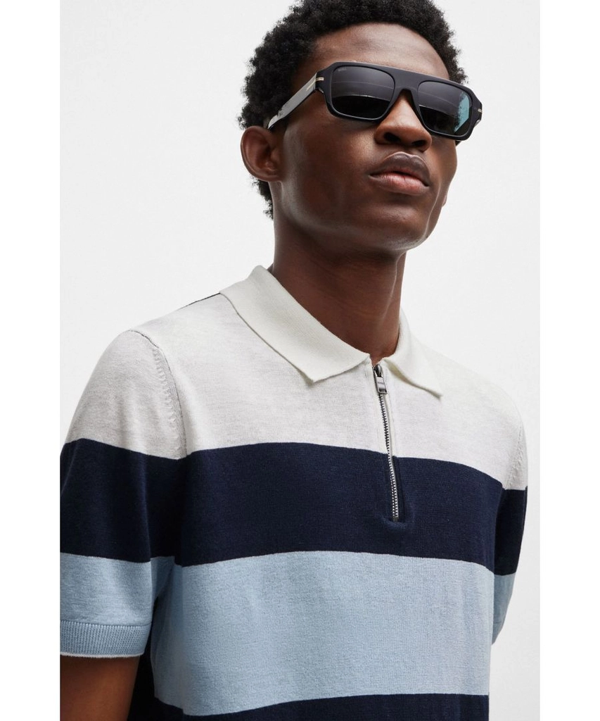Hugo Boss Mens Trieste Half Zip Short Sleeved Polo Shirt Blue Stripe - Size 2XL